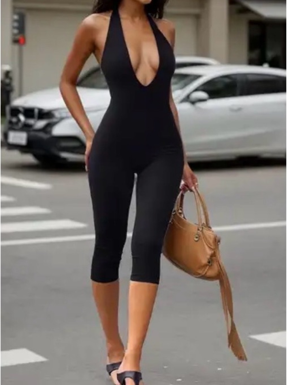 Halter Neck Black Jumpsuit Capri - Women